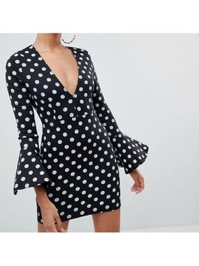 PrettyLittleThing Black & White Polka Dot V-Neck Mini Dress